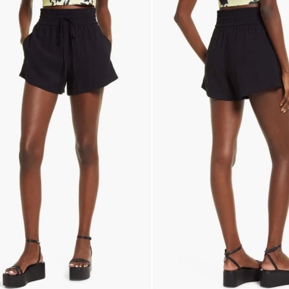 OPEN EDIT Tie Waist Pull On Shorts Womens Black Pocket High Waist - Picture 5 of 5